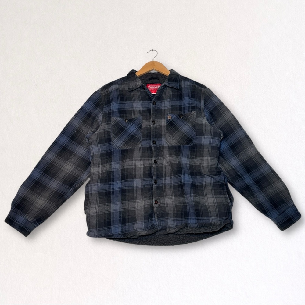 Coleman Plaid Sherpa Lined Flannel Jacket Men’s Large Blue Gray